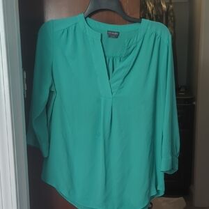 New York & Company Teal Blouse with Gathered Neckline